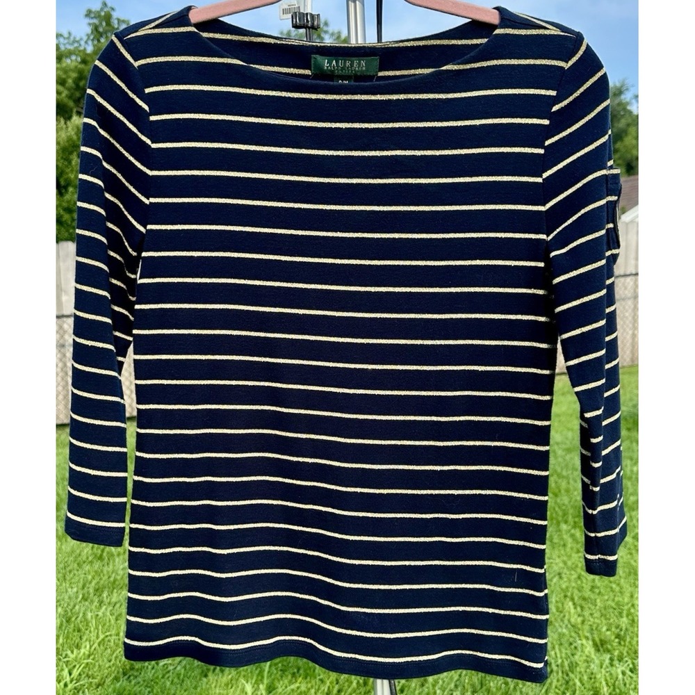 Lauren Ralph Lauren Striped Top Women's Sz PM Navy Gold 3/4 Sleeve Crest Classy